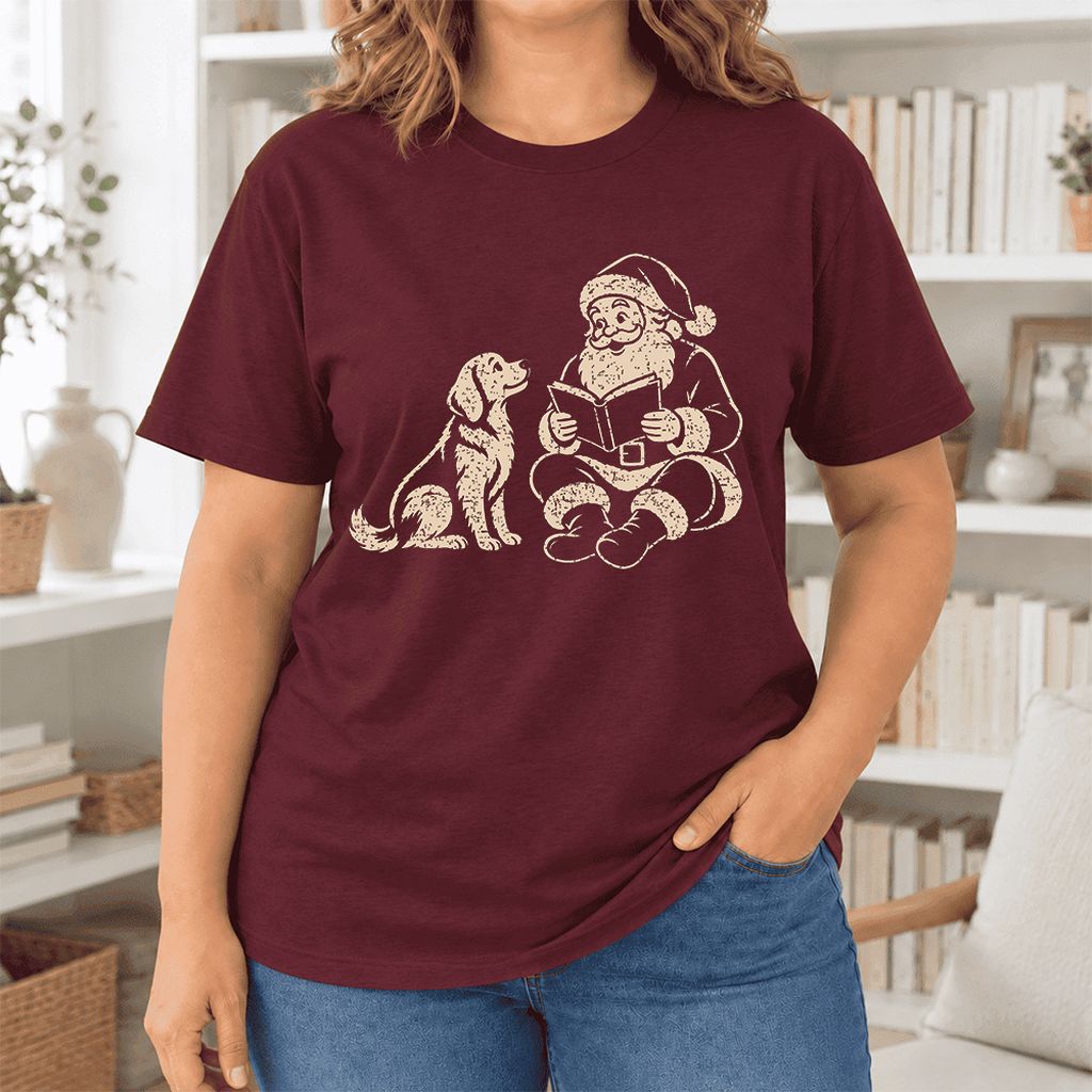 Santa And Golden Retriever Ultra-Soft Cotton T-Shirt | Christmas Reader Gift Maroon