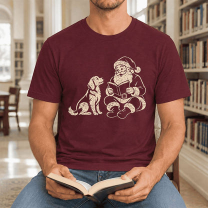 Santa And Golden Retriever Ultra-Soft Cotton T-Shirt | Christmas Reader Gift Maroon