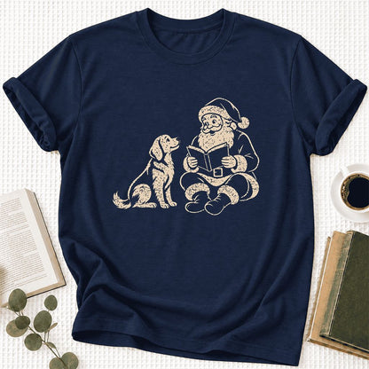 Santa And Golden Retriever Ultra-Soft Cotton T-Shirt | Christmas Reader Gift Navy