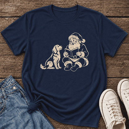 Santa And Golden Retriever Ultra-Soft Cotton T-Shirt | Christmas Reader Gift Navy