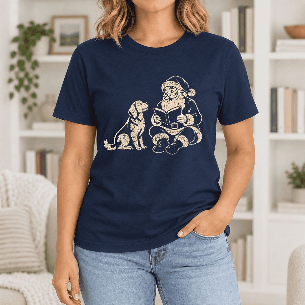 Santa And Golden Retriever Ultra-Soft Cotton T-Shirt | Christmas Reader Gift Navy