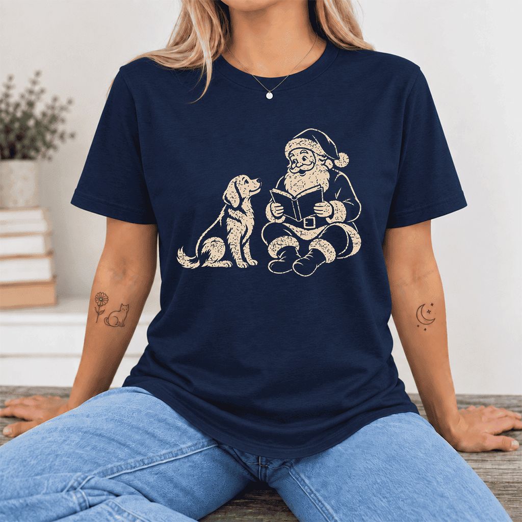 Santa And Golden Retriever Ultra-Soft Cotton T-Shirt | Christmas Reader Gift Navy