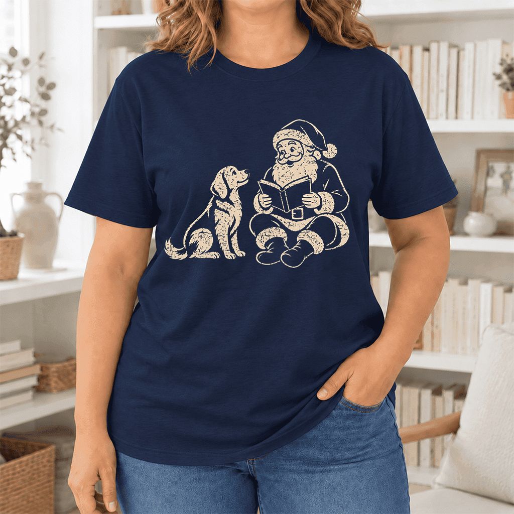 Santa And Golden Retriever Ultra-Soft Cotton T-Shirt | Christmas Reader Gift Navy