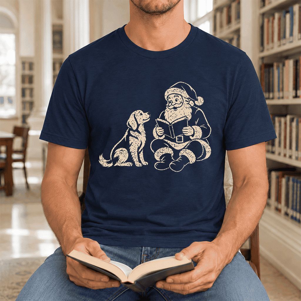 Santa And Golden Retriever Ultra-Soft Cotton T-Shirt | Christmas Reader Gift Navy