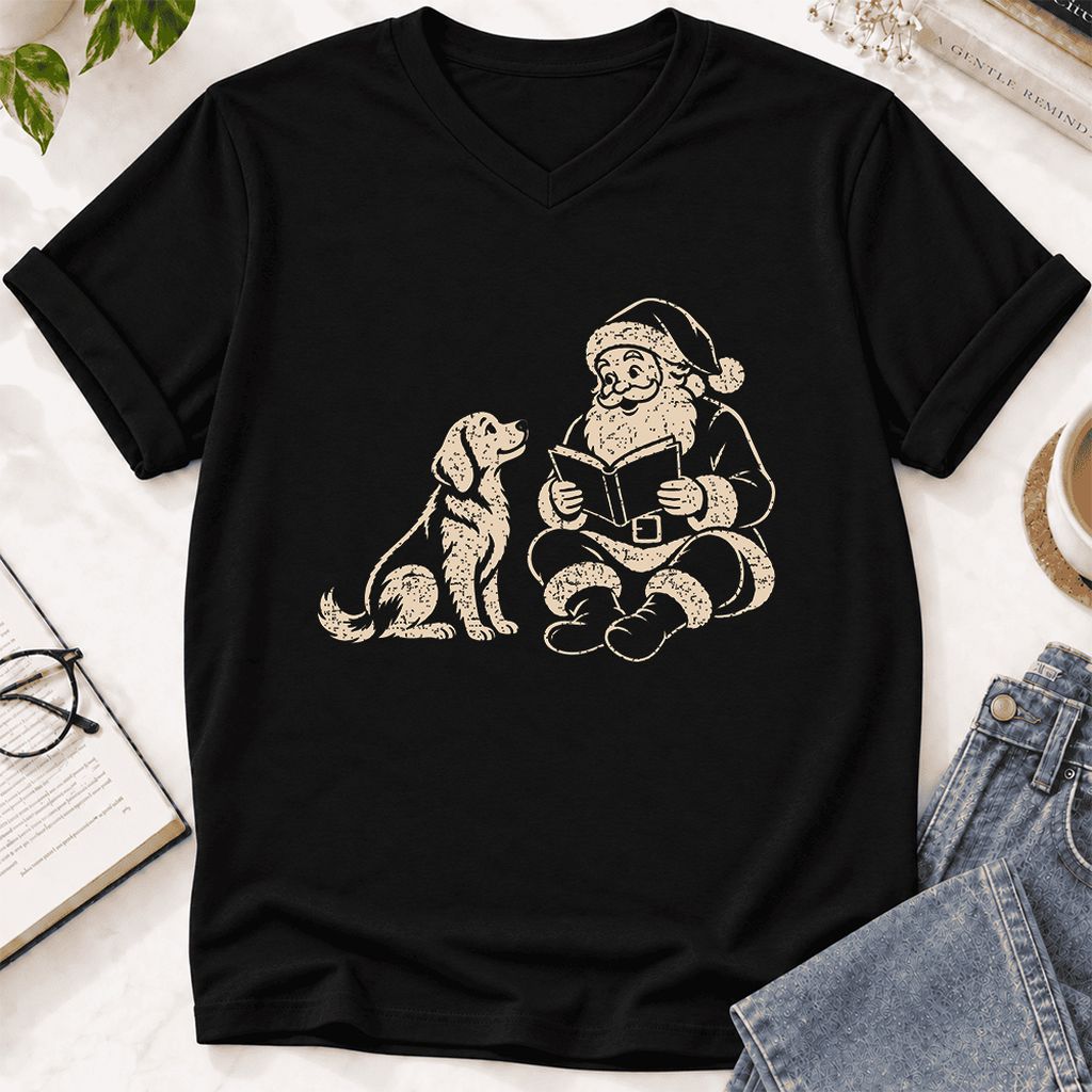 Golden Retriever And Santa Reading Ultra-Soft V-Neck | Christmas Reader Gift Black