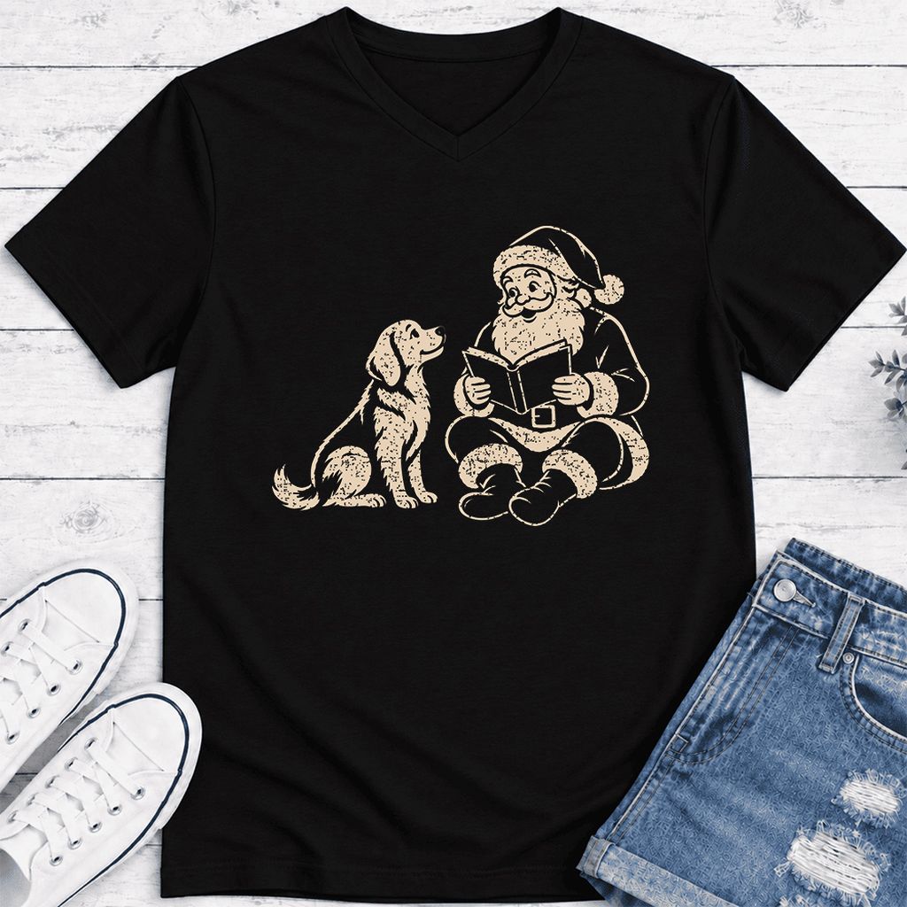 Golden Retriever And Santa Reading Ultra-Soft V-Neck | Christmas Reader Gift Black