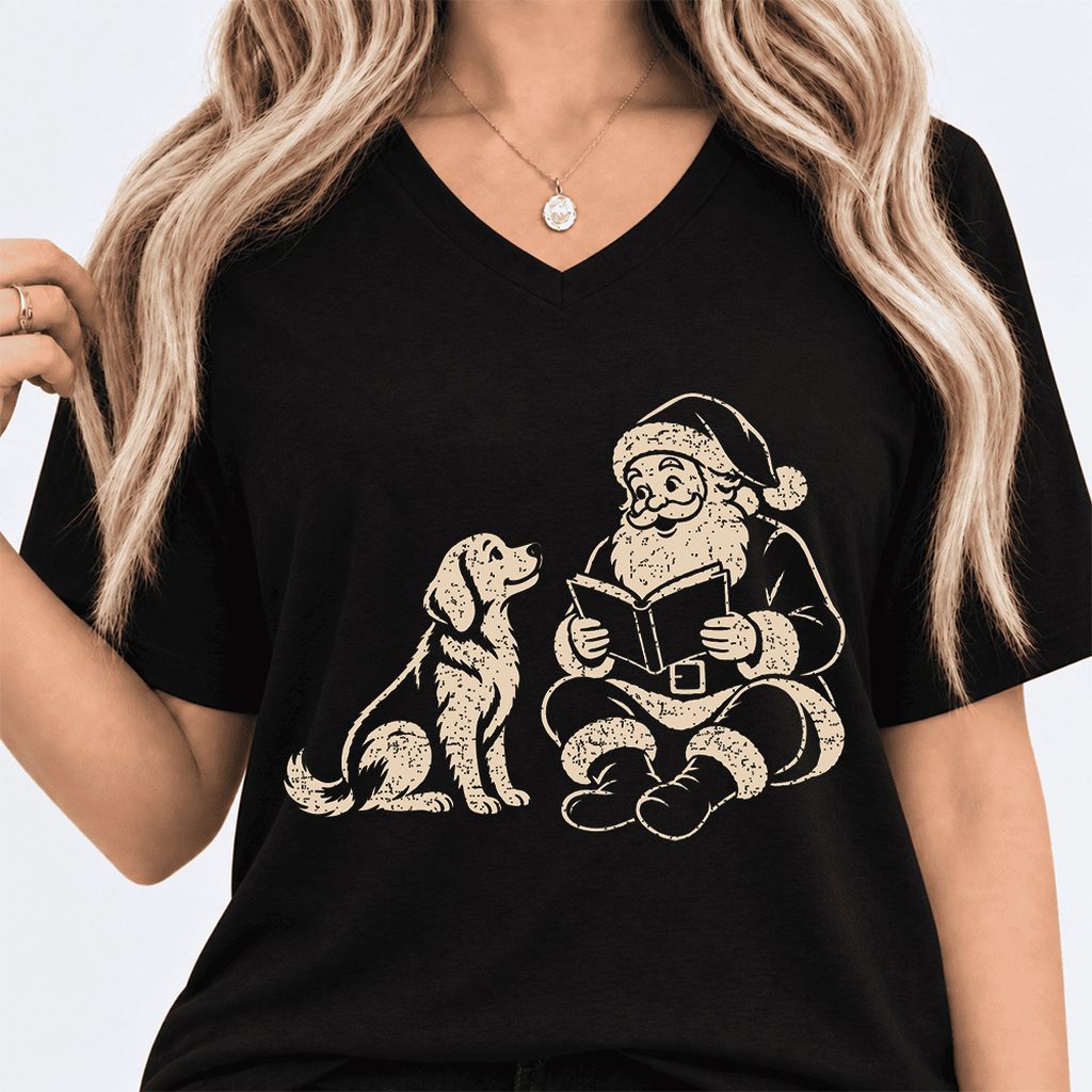 Golden Retriever And Santa Reading Ultra-Soft V-Neck | Christmas Reader Gift Black