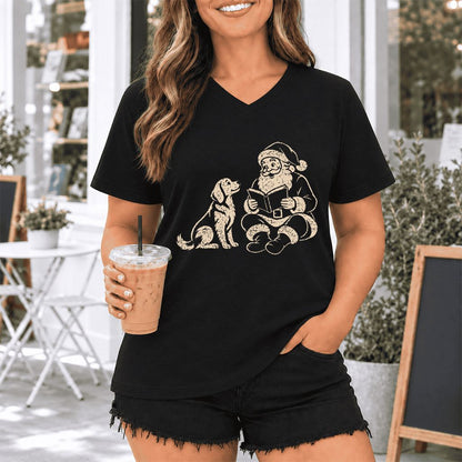 Golden Retriever And Santa Reading Ultra-Soft V-Neck | Christmas Reader Gift Black