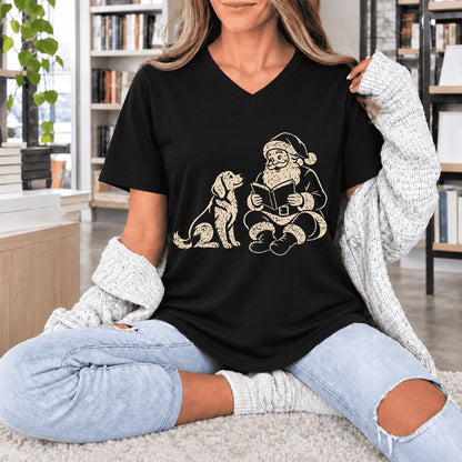Golden Retriever And Santa Reading Ultra-Soft V-Neck | Christmas Reader Gift Black