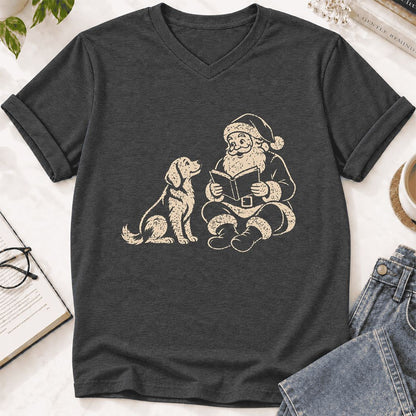 Golden Retriever And Santa Reading Ultra-Soft V-Neck | Christmas Reader Gift Dark Grey Heather
