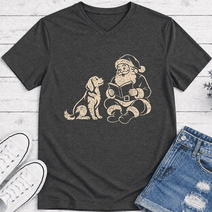 Golden Retriever And Santa Reading Ultra-Soft V-Neck | Christmas Reader Gift Dark Grey Heather