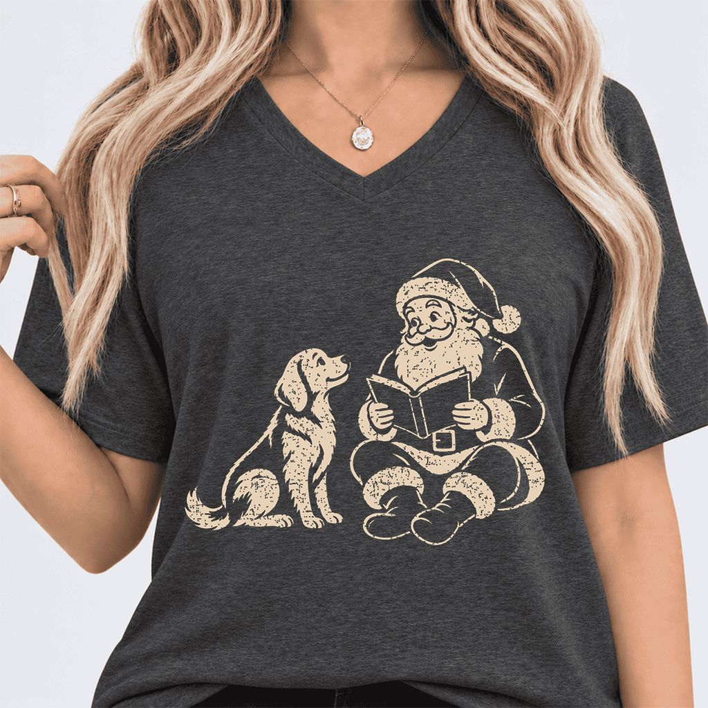 Golden Retriever And Santa Reading Ultra-Soft V-Neck | Christmas Reader Gift Dark Grey Heather