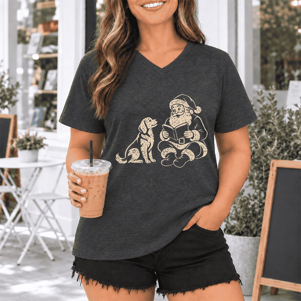 Golden Retriever And Santa Reading Ultra-Soft V-Neck | Christmas Reader Gift Dark Grey Heather