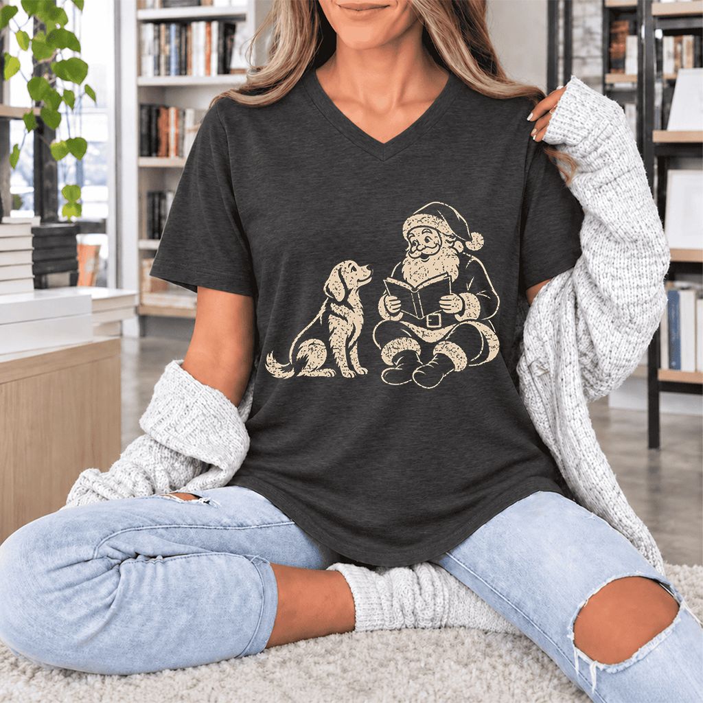 Golden Retriever And Santa Reading Ultra-Soft V-Neck | Christmas Reader Gift Dark Grey Heather