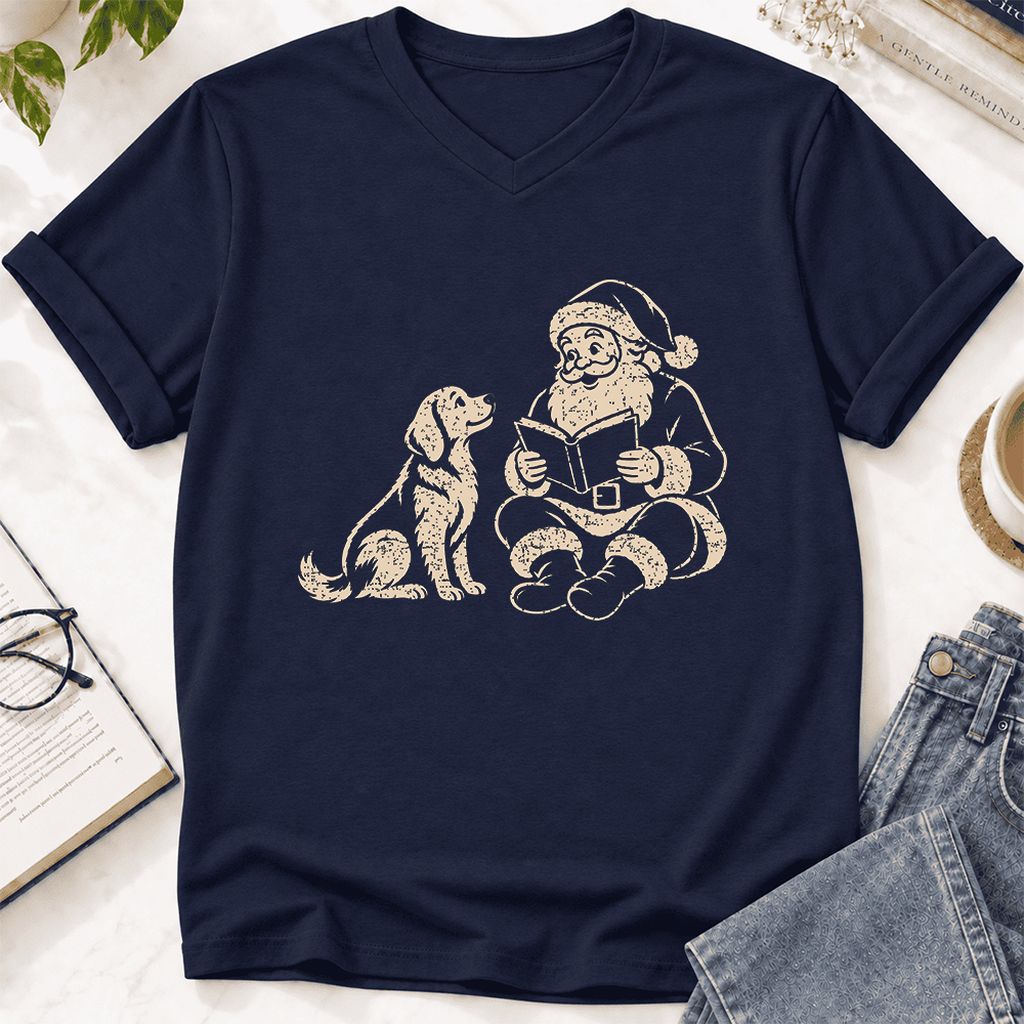 Golden Retriever And Santa Reading Ultra-Soft V-Neck | Christmas Reader Gift Navy