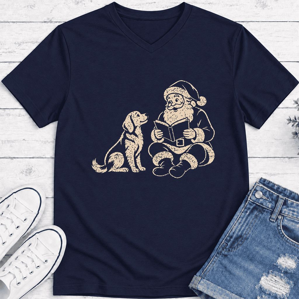Golden Retriever And Santa Reading Ultra-Soft V-Neck | Christmas Reader Gift Navy