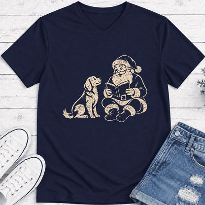 Golden Retriever And Santa Reading Ultra-Soft V-Neck | Christmas Reader Gift Navy