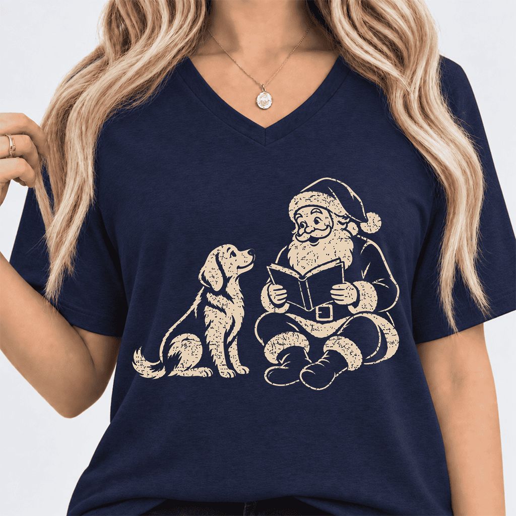 Golden Retriever And Santa Reading Ultra-Soft V-Neck | Christmas Reader Gift Navy