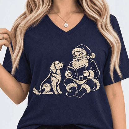 Golden Retriever And Santa Reading Ultra-Soft V-Neck | Christmas Reader Gift Navy