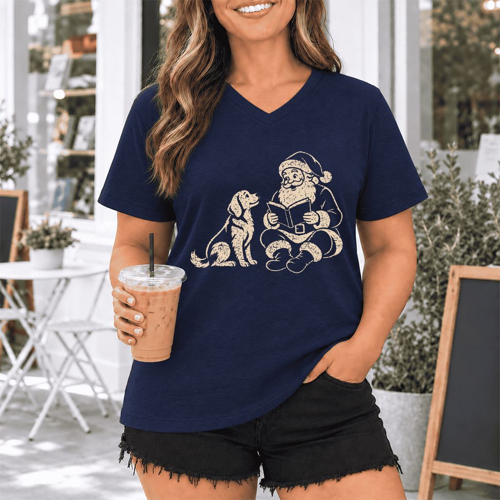 Golden Retriever And Santa Reading Ultra-Soft V-Neck | Christmas Reader Gift Navy