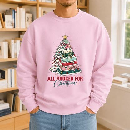 All Booked For Christmas Printed Sweatshirt | Christmas Book Lover Gift Light Pink