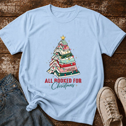 All Booked For Christmas Printed T-Shirt | Christmas Book Lover Gift Light Blue
