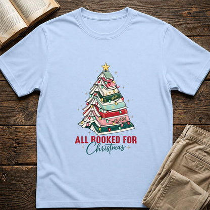 All Booked For Christmas Printed T-Shirt | Christmas Book Lover Gift Light Blue