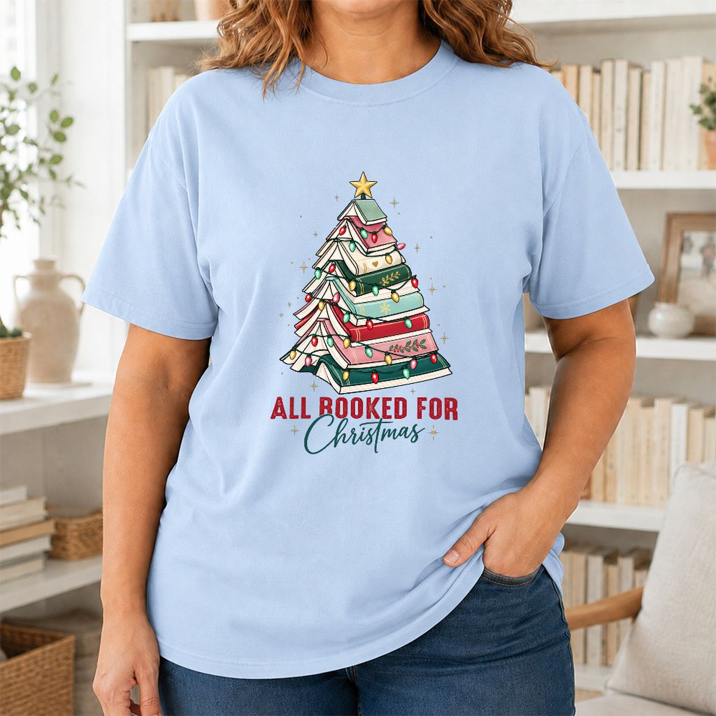 All Booked For Christmas Printed T-Shirt | Christmas Book Lover Gift Light Blue