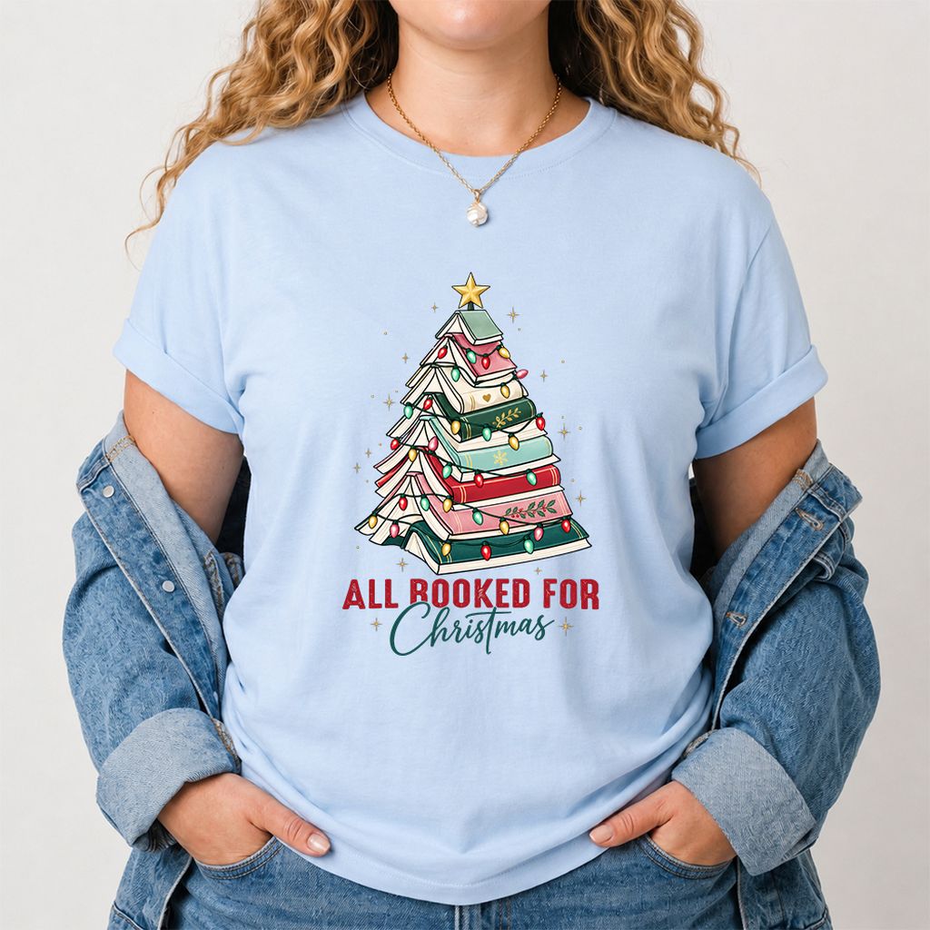 All Booked For Christmas Printed T-Shirt | Christmas Book Lover Gift Light Blue