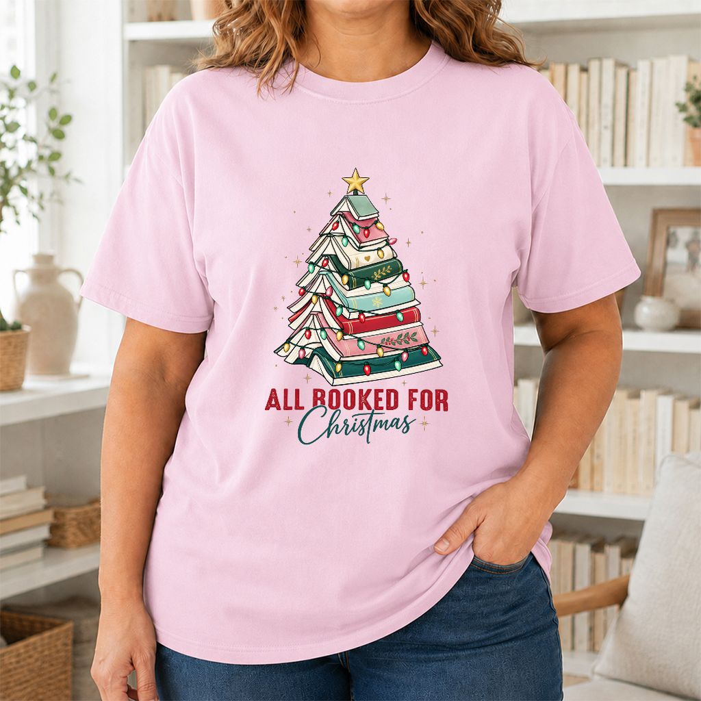 All Booked For Christmas Printed T-Shirt | Christmas Book Lover Gift Light Pink