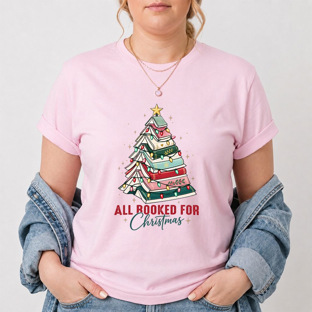 All Booked For Christmas Printed T-Shirt | Christmas Book Lover Gift Light Pink