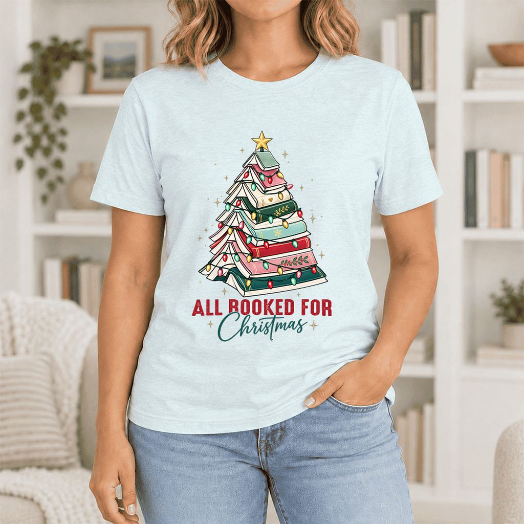 All Booked For Christmas Ultra-Soft Cotton T-Shirt | Christmas Reader Gift Heather Ice Blue