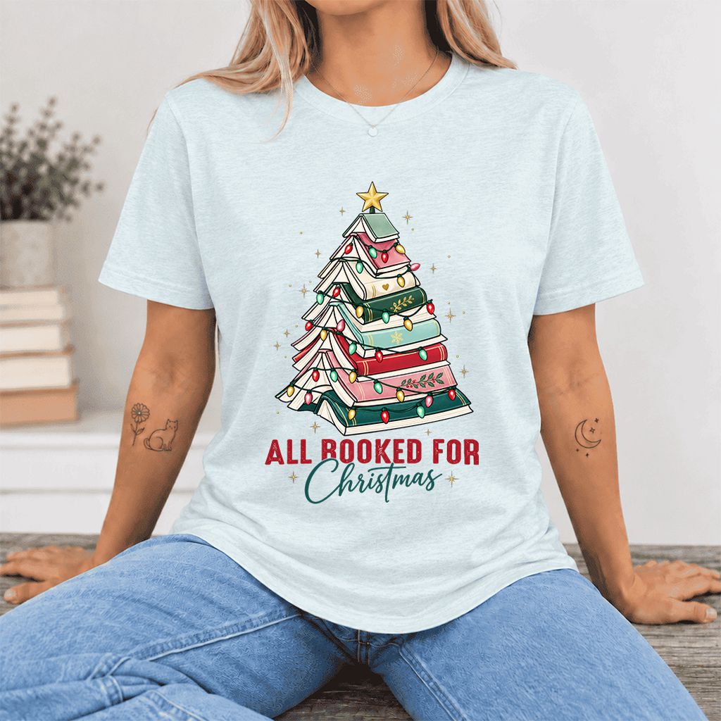 All Booked For Christmas Ultra-Soft Cotton T-Shirt | Christmas Reader Gift Heather Ice Blue