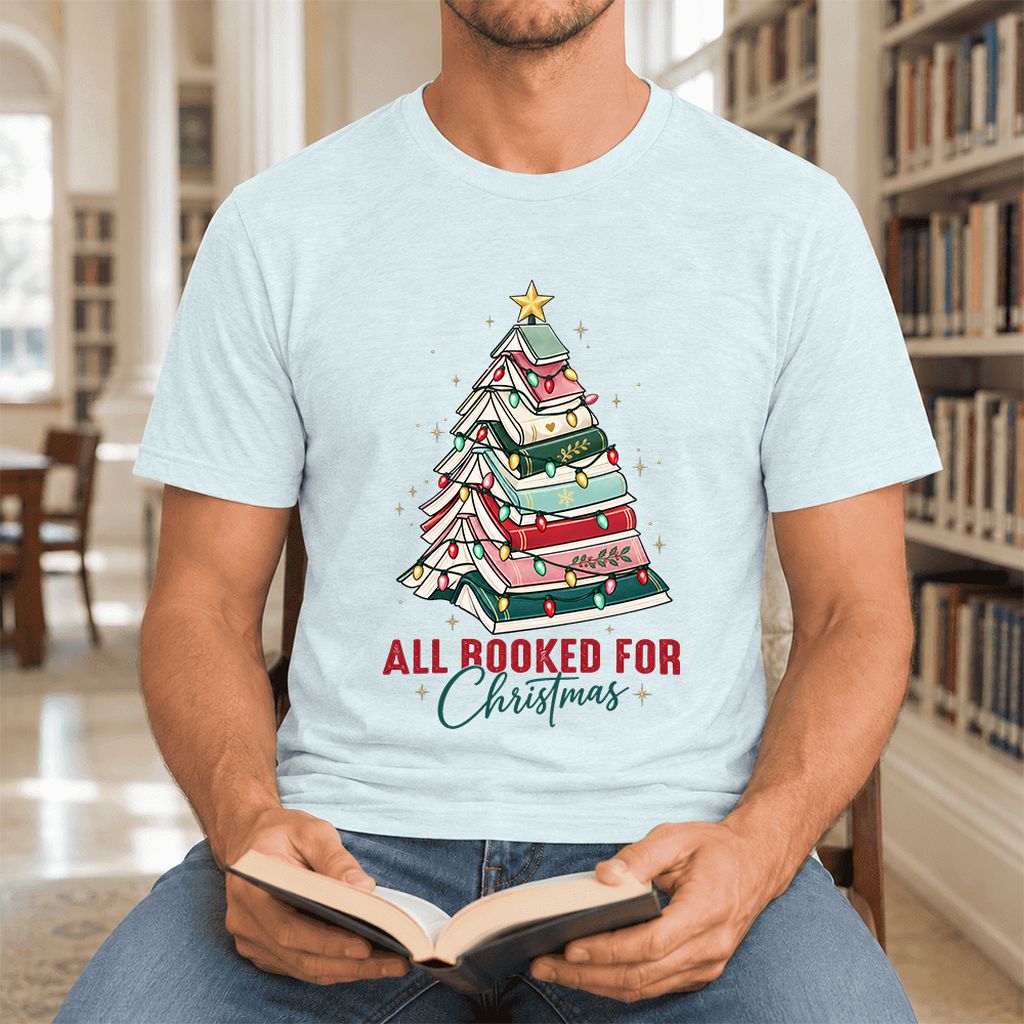 All Booked For Christmas Ultra-Soft Cotton T-Shirt | Christmas Reader Gift Heather Ice Blue
