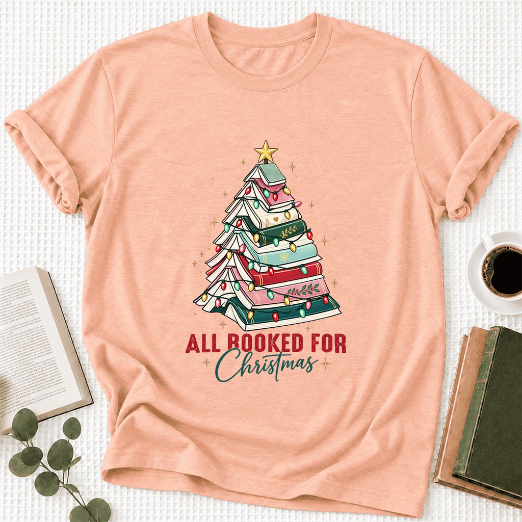 All Booked For Christmas Ultra-Soft Cotton T-Shirt | Christmas Reader Gift Heather Peach