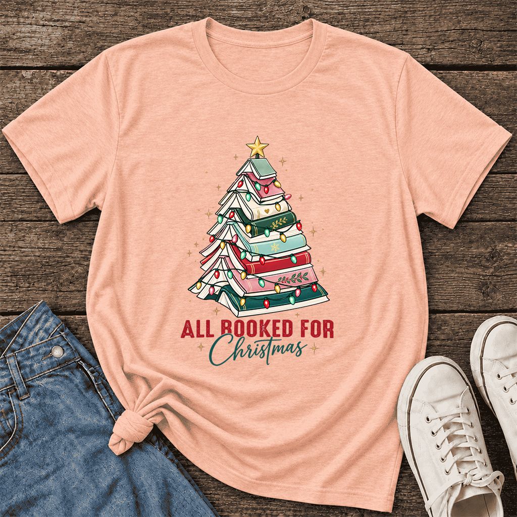 All Booked For Christmas Ultra-Soft Cotton T-Shirt | Christmas Reader Gift Heather Peach