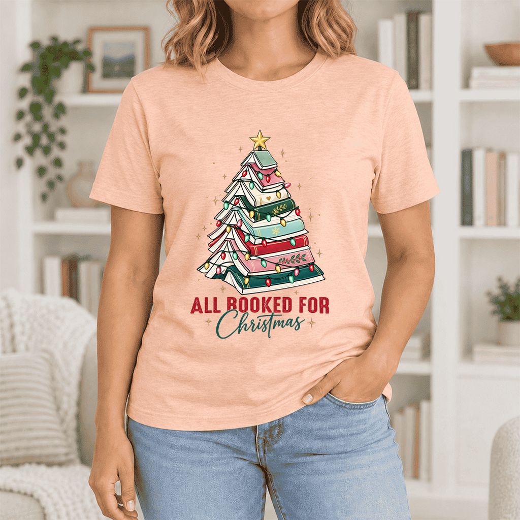 All Booked For Christmas Ultra-Soft Cotton T-Shirt | Christmas Reader Gift Heather Peach