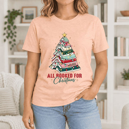 All Booked For Christmas Ultra-Soft Cotton T-Shirt | Christmas Reader Gift Heather Peach