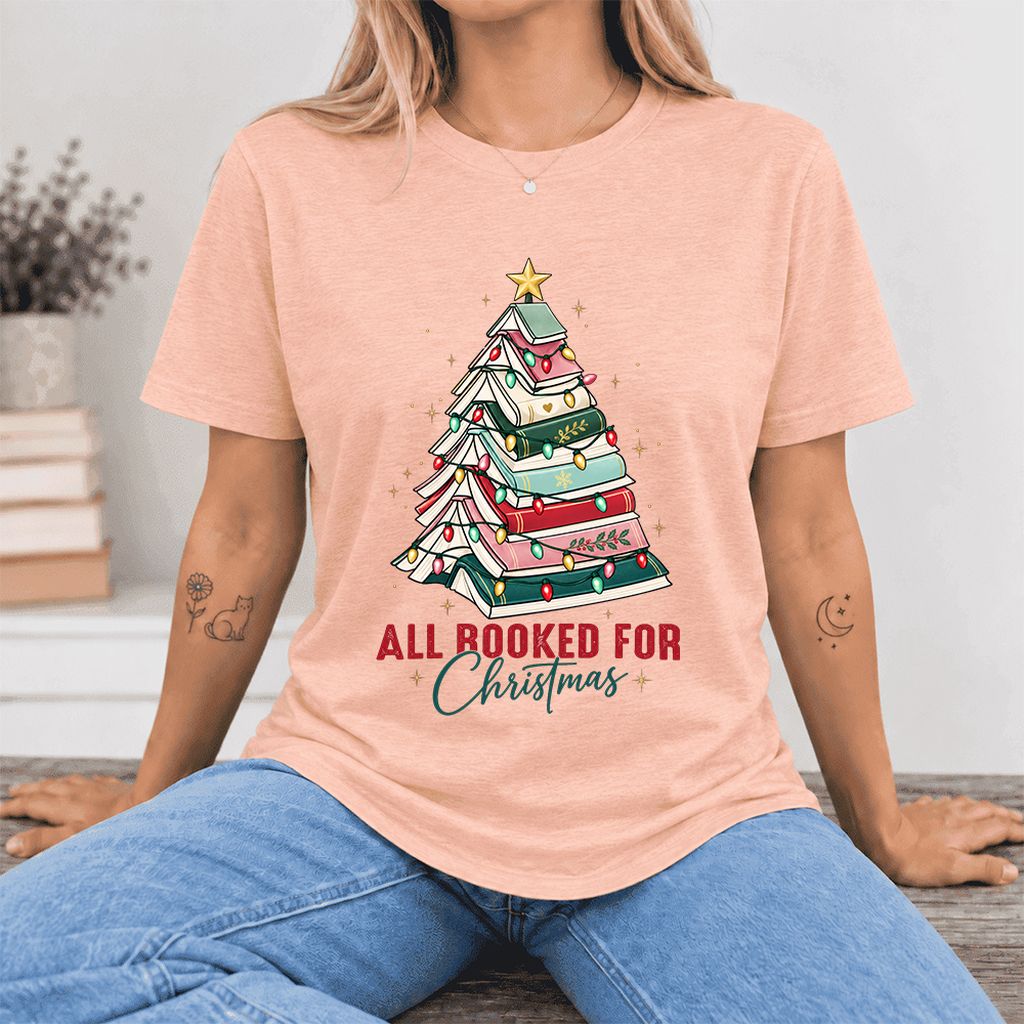 All Booked For Christmas Ultra-Soft Cotton T-Shirt | Christmas Reader Gift Heather Peach