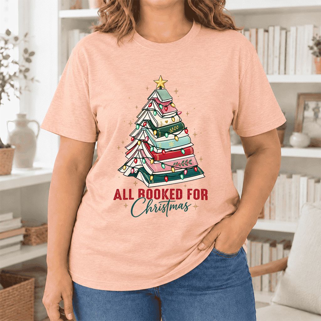 All Booked For Christmas Ultra-Soft Cotton T-Shirt | Christmas Reader Gift Heather Peach