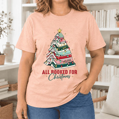 All Booked For Christmas Ultra-Soft Cotton T-Shirt | Christmas Reader Gift Heather Peach