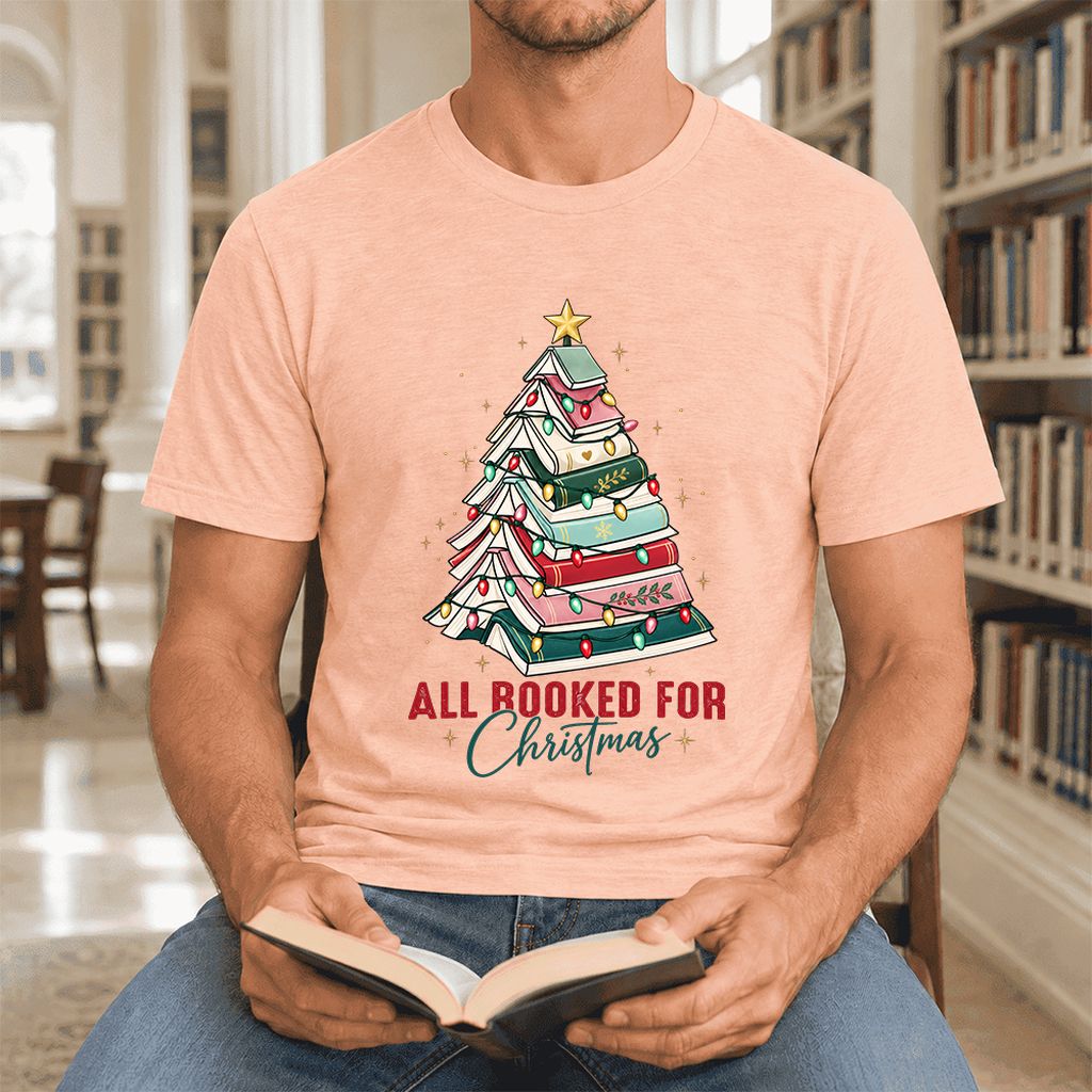 All Booked For Christmas Ultra-Soft Cotton T-Shirt | Christmas Reader Gift Heather Peach