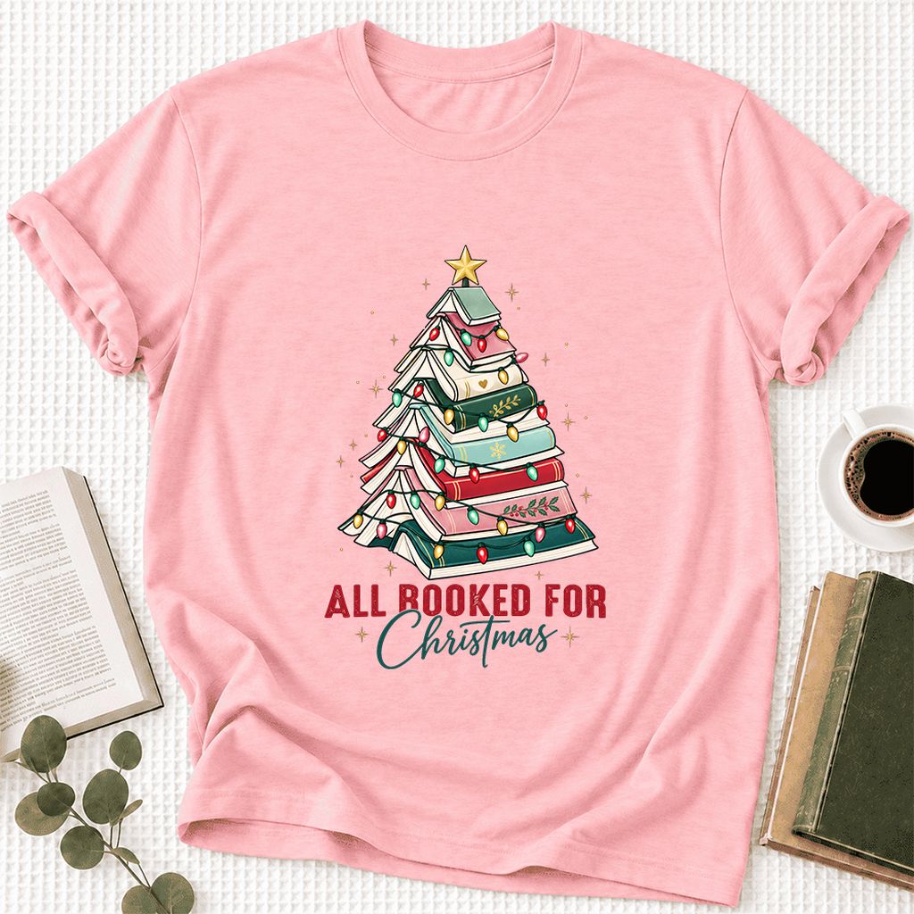All Booked For Christmas Ultra-Soft Cotton T-Shirt | Christmas Reader Gift Pink