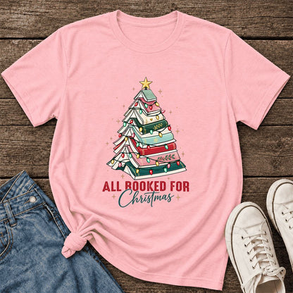 All Booked For Christmas Ultra-Soft Cotton T-Shirt | Christmas Reader Gift Pink