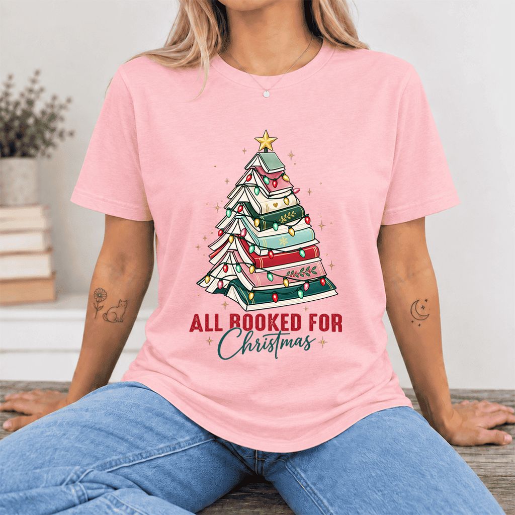 All Booked For Christmas Ultra-Soft Cotton T-Shirt | Christmas Reader Gift Pink
