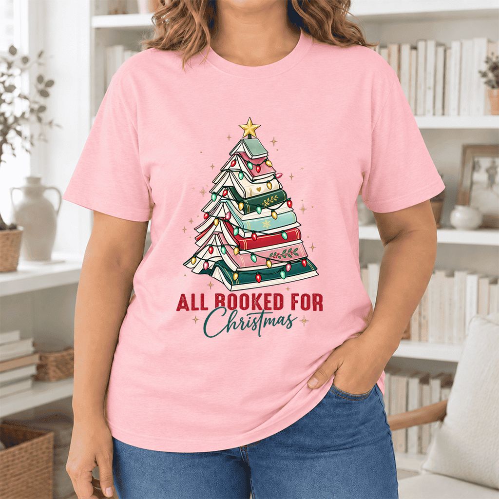 All Booked For Christmas Ultra-Soft Cotton T-Shirt | Christmas Reader Gift Pink