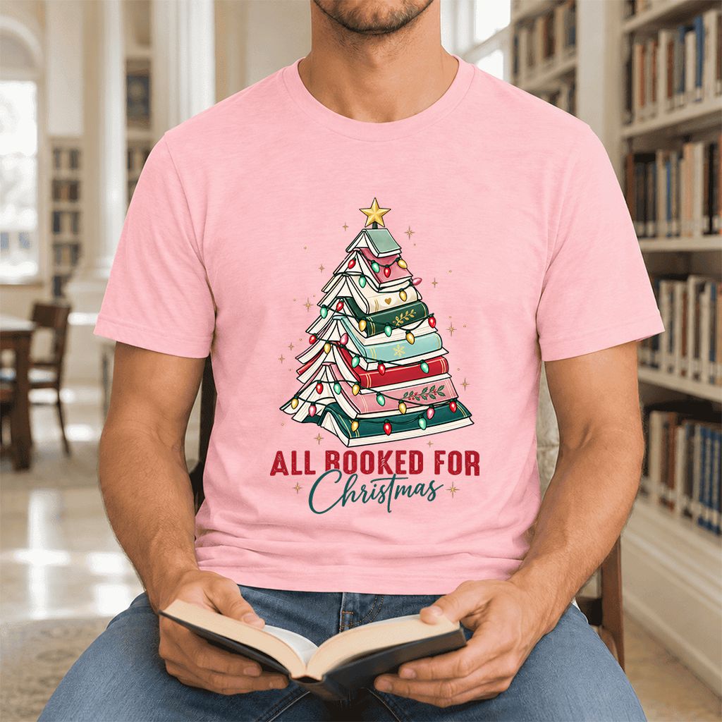 All Booked For Christmas Ultra-Soft Cotton T-Shirt | Christmas Reader Gift Pink