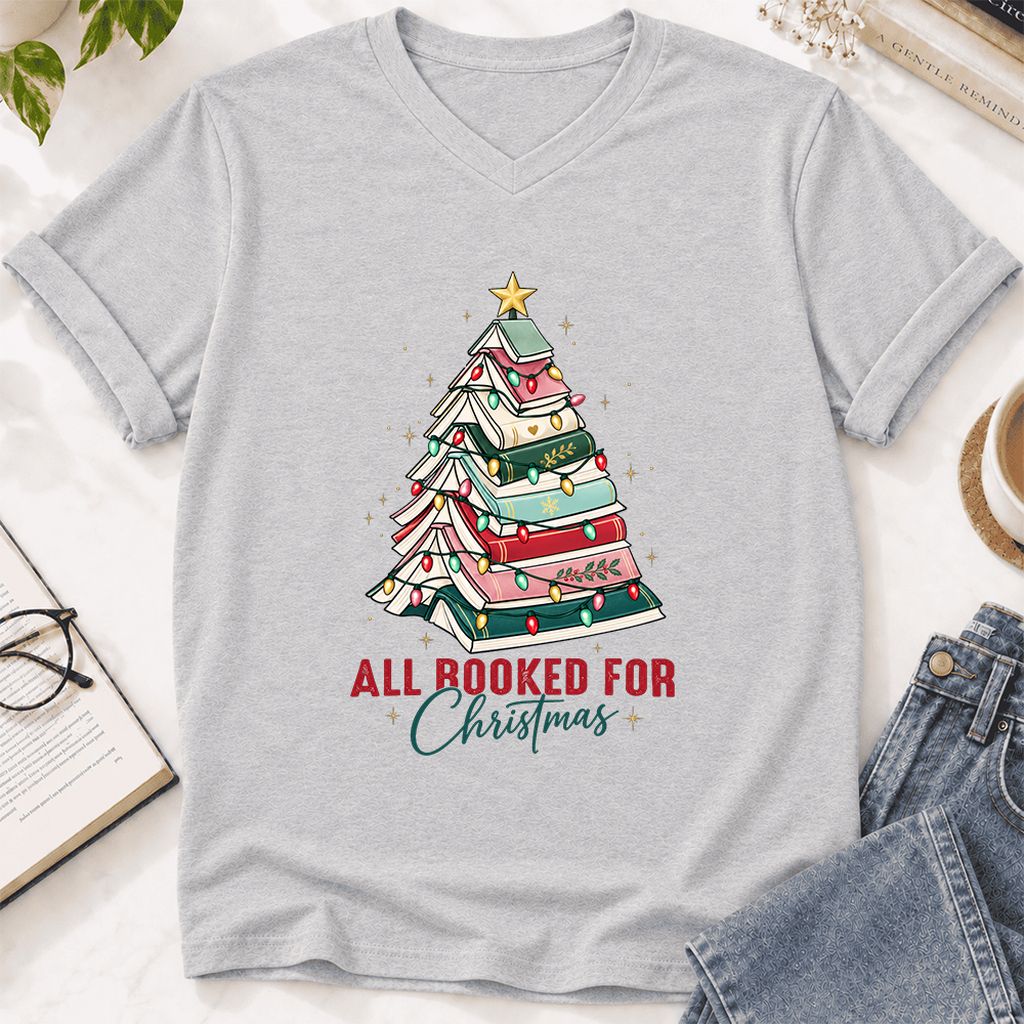 All Booked For Christmas Ultra-Soft V-Neck | Christmas Book Lover Gift Ash