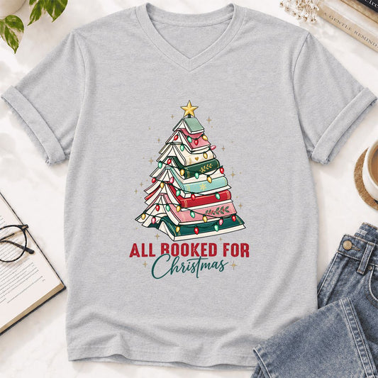 All Booked For Christmas Ultra-Soft V-Neck | Christmas Book Lover Gift Ash