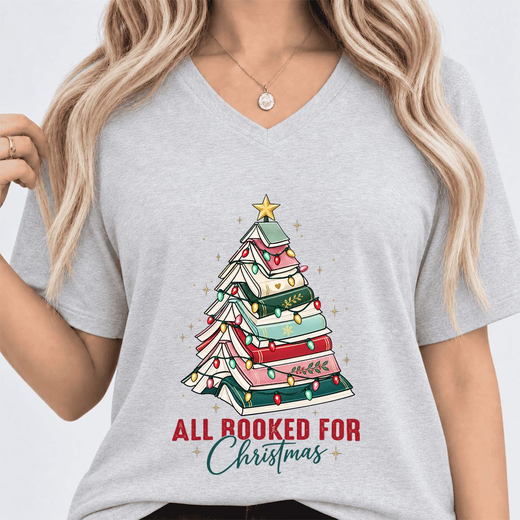 All Booked For Christmas Ultra-Soft V-Neck | Christmas Book Lover Gift Ash